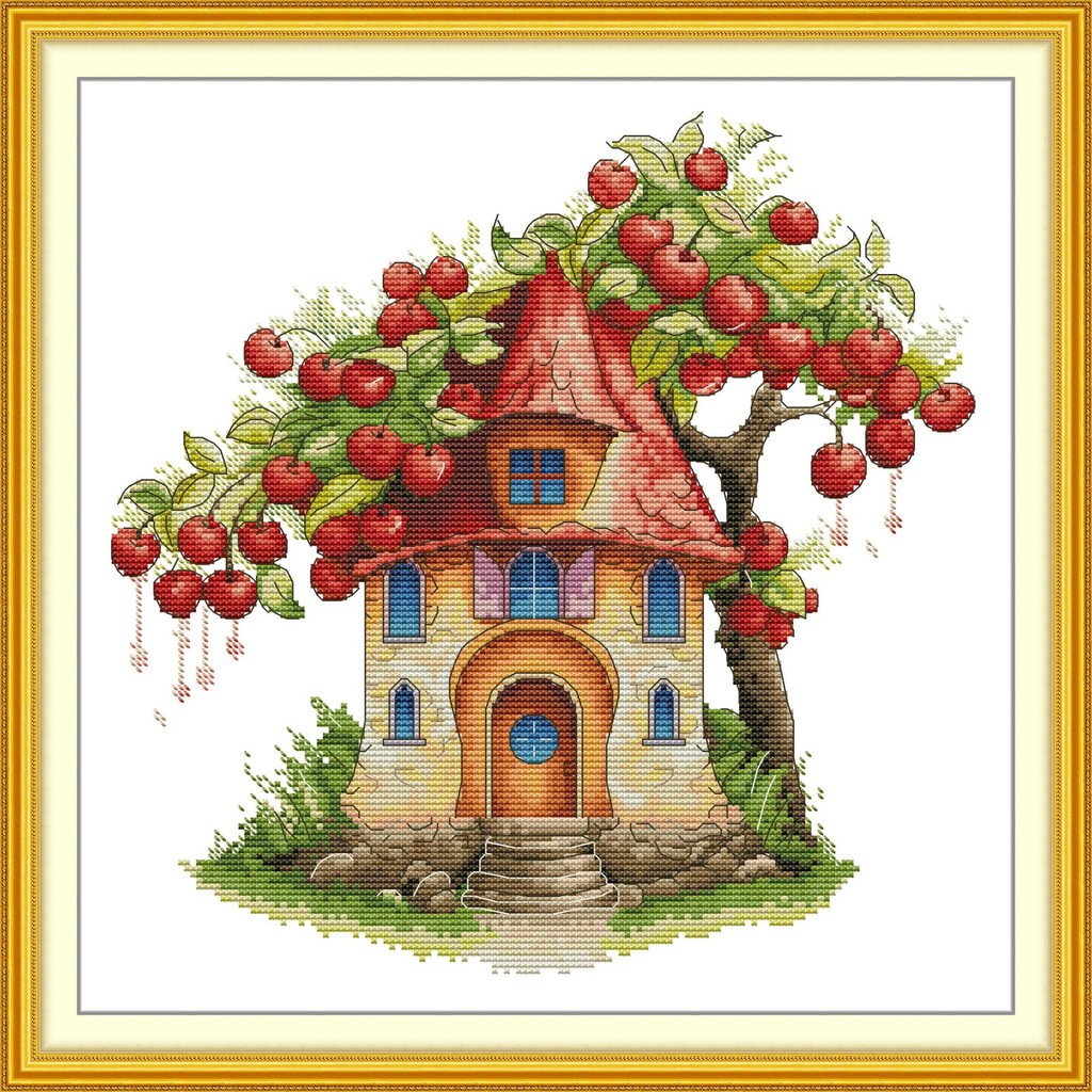 Joy Sunday Stamped Cross Stitch Kits Họa tiết Cherry Cottage 14CT hoặc 11CT, Bộ thêu kim 9CT