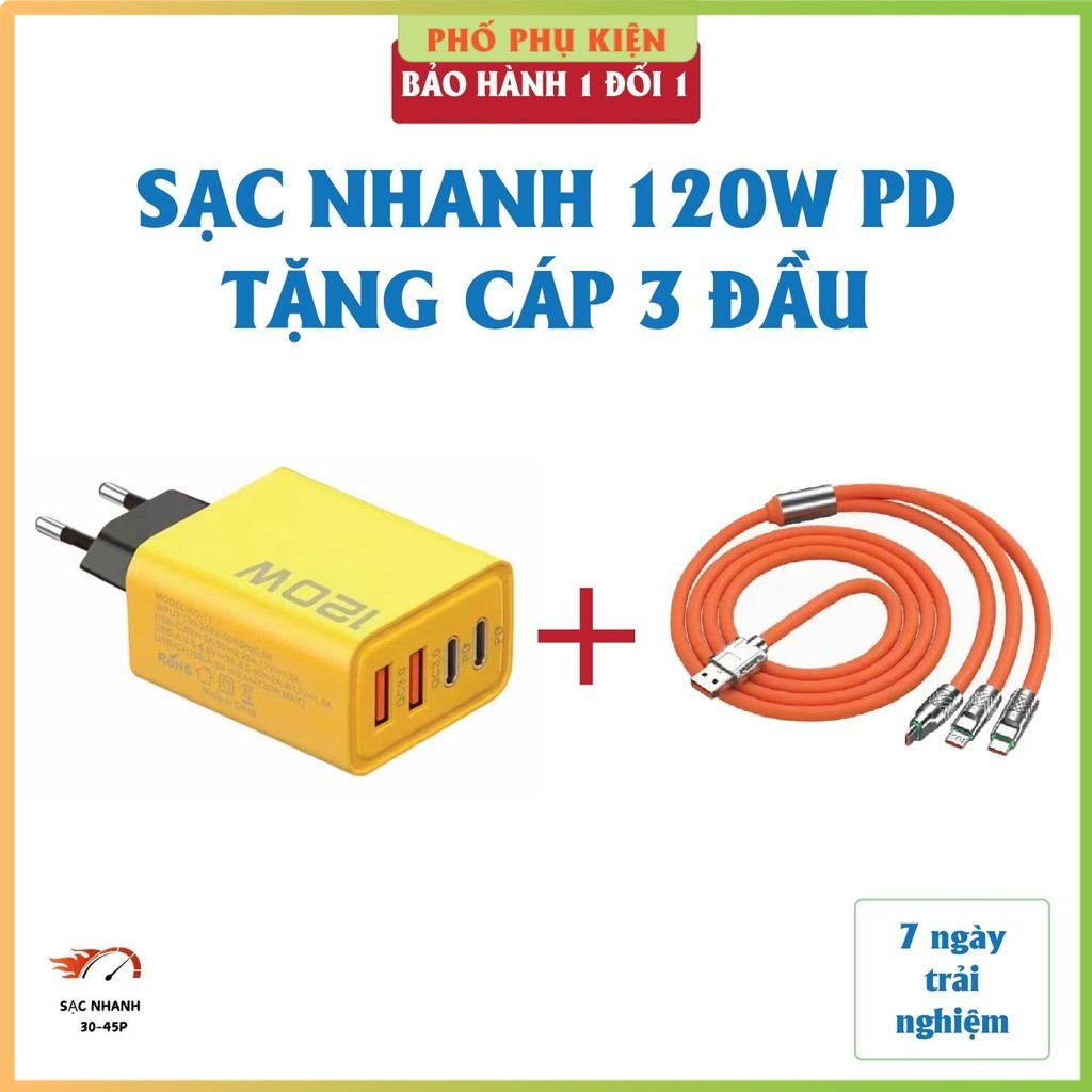 Củ sạc nhanh 4 cổng, 120W: 2 cổng Type C và 2 cổng USB – Tặng cáp sạc nhanh 3 đầu - Cốc sạc nhanh 12
