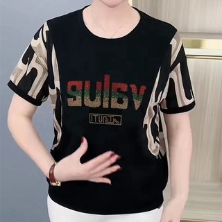 Mùa hè Phong Cách Mới Kích Thước Lớn Mẹ Trung Niên Tính Khí Áo Thun Nữ Tay Ngắn Thời Trang Rời Phong Cách Phương Tây Nóng Kim Cương In Top