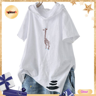 Giaurz Nữ Màu Trơn Tay Ngắn Rách Hươu Cao Cổ In Áo Thun Rời Áo Hoodie