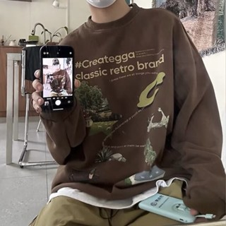 Áo len nam YAZHINIAO American retro C high Street in sáng tạo áo chui đầu cổ tròn áo khoác rộng