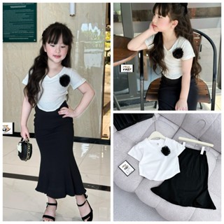 Áo Cotton Trắng Đính Hoa+ Chân Váy Đuôi Cá Bé Gái 10-30kg