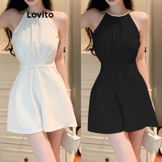 Áo liền quần Lovito phối kim loại màu trơn cơ bản thanh lịch cho nữ LNE30044 (màu trắng)