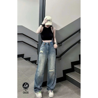  Quần jean nữ ống rộng loang rách 2 gối may kép 2 đĩa trước Lê Huy Fashion MS 0608 