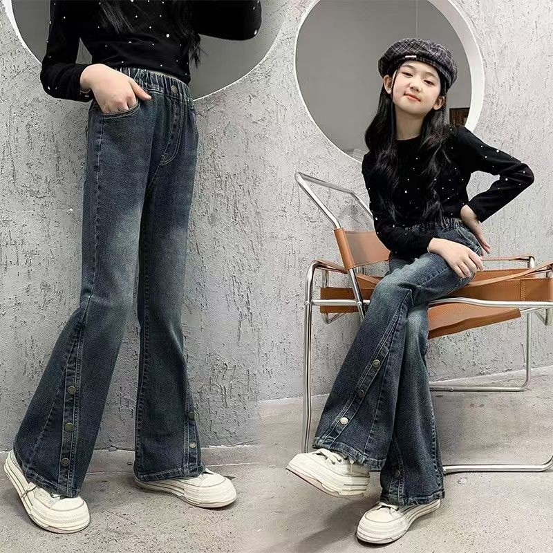 [Hàng có sẵn] quần denim mới mùa xuân thu bé gái quần jean cạp cao Joker quần ống rộng dài seluar bu