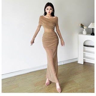  Kliou Đầm Maxi Màu Trơn Giảm Béo Cao Cấp Thời Trang Cổ Tròn Dài Tay Lưới Thu Đông Nữ Mới 