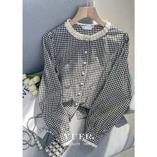  Áo sơ mi kẻ caro đen trắng cổ tròn viền bèo mẫu mới 2024 Áo tay phồng kiểu Pháp trẻ trung kiểu Tây mẫu mới xuân thu trang phục nữ 