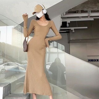 Phiên bản Hàn Quốc của váy dệt kim dài tay đơn giản giảm béo gợi cảm