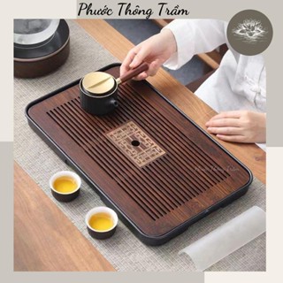Khay đựng ấm chén trà bằng tre - trà đạo bằng tre  hun khói có khay đựng nước FOFO - Phước Thông Trầm
