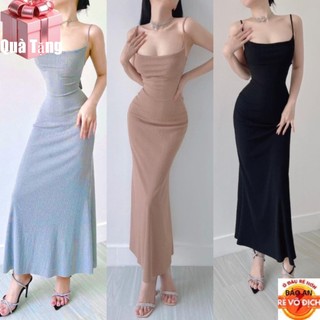 Đầm 2 dây body nữ Cột Lưng phối nơ form dài (Có mút) chất Thun gân len QC loại 1 FreeSize feedback - Bảo An Shop 2023