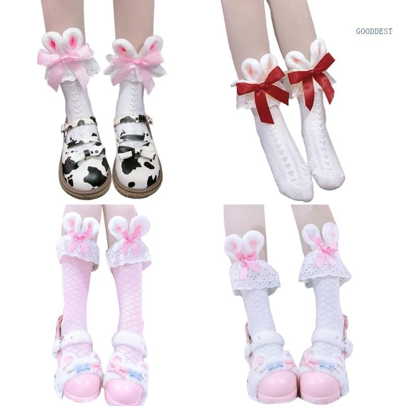 Lolita  Cotton Crew Socks Plush Rabbit Bunny Ears  Lace Anime Hosiery