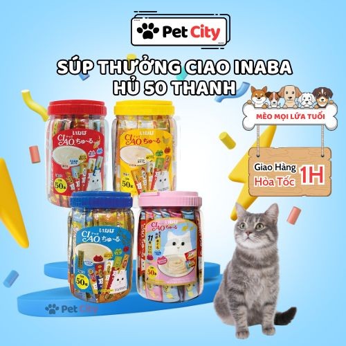 (Hỏa Tốc Tới 19H) Súp Thưởng Ciao Inaba Hũ 50 thanh, súp thưởng Ciao cho mèo chuẩn Thái Lan
