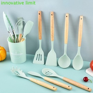 DYRUIDOJ 12 Bộ Dụng Cụ Nấu Ăn Chống Dính, Bộ Dụng Cụ Nhà Bếp Tay Cầm Bằng Gỗ Thân Thiện Với Môi Trường, Bộ Tiện Ích Có Xô Bảo Quản Thìa Canh Silicon Chịu Nhiệt Nấu Ăn