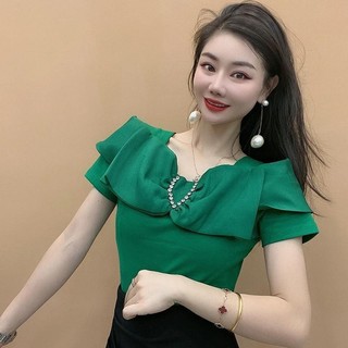 Áo Thun Cổ Vuông Nữ Tay Ngắn Mùa Hè 2024 Phong Cách Mới Thời Trang Xù Đính Kim Cương Top Slim-fit Slimmer Look Bo