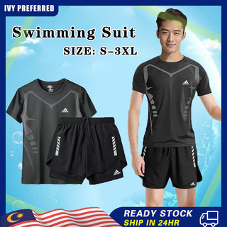  Áo thun nén tay ngắn Quần Short bảo vệ hai lớp Bộ đồ bơi nam cỡ lớn Đồ bơi tập thể dục Thể dục Quần Short đi biển khô nhanh