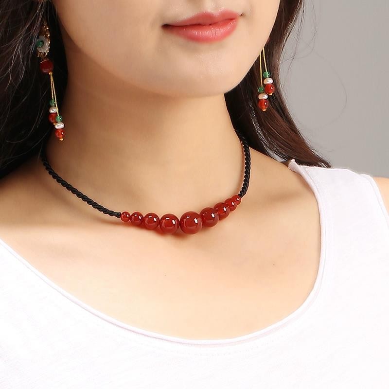 Handmade Tùy Chỉnh Mã Não Tròn Hạt Vòng Cổ Che Khuyết Điểm Cổ Ngắn Che Sẹo Xương Đòn Dây Xích Có Thể