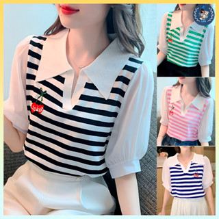 [A145] Áo len thun nữ Montoghi dệt kim LOGO CHERRY phối TAY PHỒNG họa tiết kẻ sọc xinh xắn - L2M