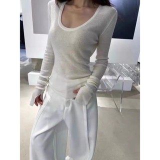 Áo sơ mi nữ cổ chữ U đáy Slim Fit Áo thun dài tay giảm béo hàng đầu