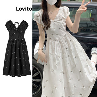 Đầm Lovito họa tiết hoa nhí viền nhún bèo thắt dây sau lưng phong cách thường ngày cho nữ LNA39007 (Trắng/Đen)