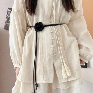 Thắt lưng nữ dây da mỏng đính hoa trà, đai váy thời trang hoa dây tùy chỉnh tháo rời