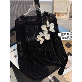 Thiết kế Sense Hoa Ba Chiều Rỗng Dệt Kim Nữ Phong Cách Mỏng Phong Cách Hàn Quốc Áo Sơ Mi Điều Hòa Cổ Tròn Tay Dài