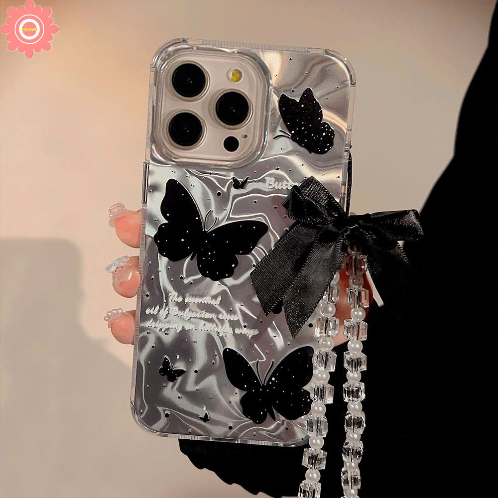 Vintage Dreamy Cool Butterfly Creative Bow Knot Bracelet Case Tương thích cho IPhone 11 15 13 12 14 Pro MAX 7Plus XR XS X MAX 15 8 7 14 Plus SE Luxury Laser Waves Water Soft Case