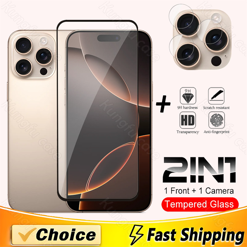 2in1 Cho Apple iPhone 16 15 14 Pro Max Plus iPhone16ProMax iPhone16Plus Bảo Vệ Màn Hình Kính Cường L