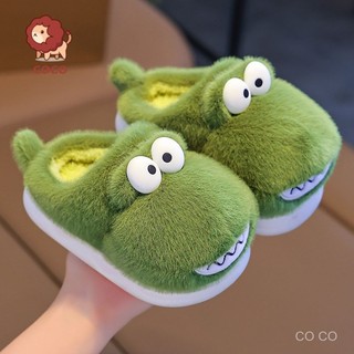 Dép lê bông khủng long giày ở nhà bé trai trẻ em lót nhung trẻ em vừa và lớn mẫu mới mùa thu đông dép lông cho cha mẹ con