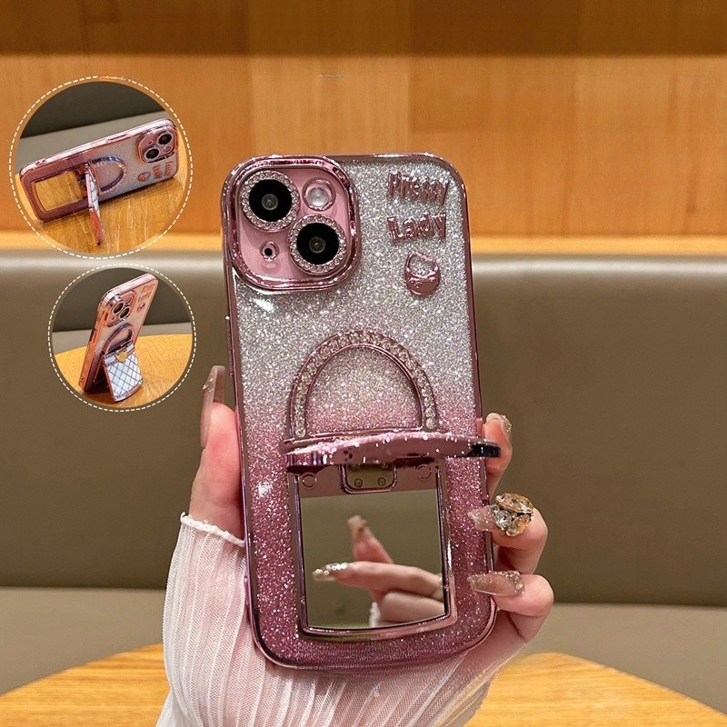 Ốp điện thoại giá đỡ gương sáng tạo cho iphone 16 11 12 13 14 15 Pro Max 15 16 plus Vỏ có Camera Bảo vệ toàn diện Vỏ chống sốc Vỏ mềm Vỏ bảo vệ điện thoại