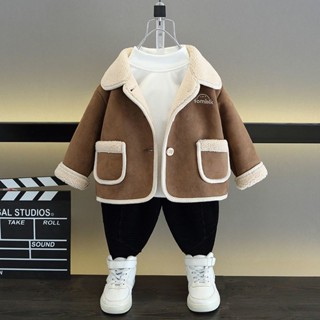  Áo khoác lót lông cừu cho bé trai Quần Áo da trẻ em Lông Thú tích hợp quần áo trẻ em đẹp trai mát mẻ 