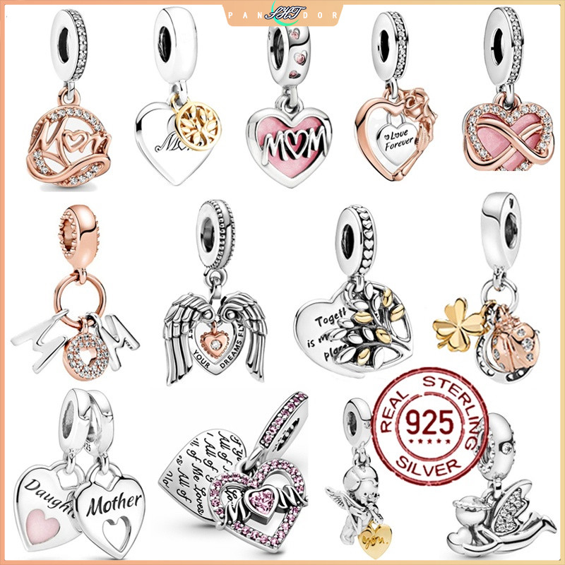 Nhẫn bạc Pandora Charms 925 kèm mặt dây chuyền mắt hạc vàng và vòng cổ hạt, phù hợp nữ