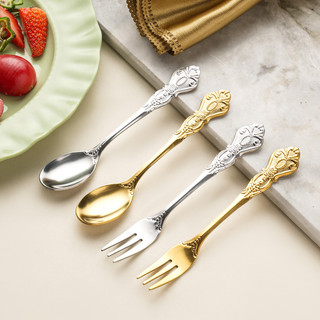OUKEAI Món Tráng Miệng Thìa Nĩa Cung Điện Dập Nổi Thép Không Gỉ Thìa Nhỏ Bánh Trái Cây Nĩa Retro Thìa Cà Phê Thìa