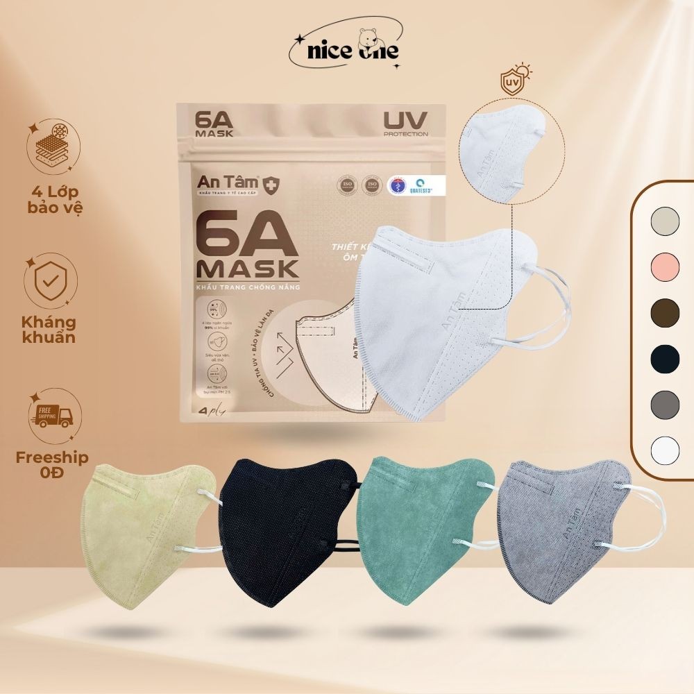 [Thùng 100 cái] Khẩu trang 6A AN TÂM Mask, Khẩu trang chống nắng, ngăn tia UV kháng khuẩn 4 lớp dày