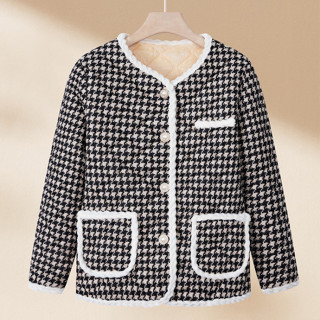  Áo Khoác Nữ Trung Niên Mùa Đông Dáng Ngắn Vải Dạ Tweed Lót Lông Cừu Họa Tiết Caro Kẻ Thời Trang  275  