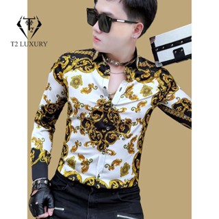 Áo sơ mi nam họa tiết Luxury Phom Ôm Body Sang Trọng - Có Cổ - Menswear Shirt Kem