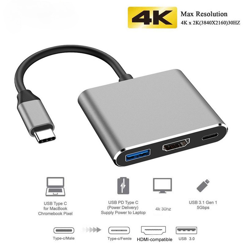 Bộ chuyển đổi USB C sang HDMI 3 trong 1, 4k HDMI & PD Sạc nhanh USB C sang HDMI USB Hub Type C Bộ ch