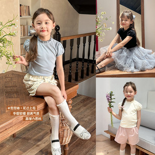  Hàng có sẵn Mùa hè Phong cách mới Áo thun ren màu trơn thời trang phiên bản Hàn Quốc cho bé gái Tay phồng Cotton nguyên chất thoáng khí Áo thun bé gái mùa hè Áo thun ngắn tay cho bé gái