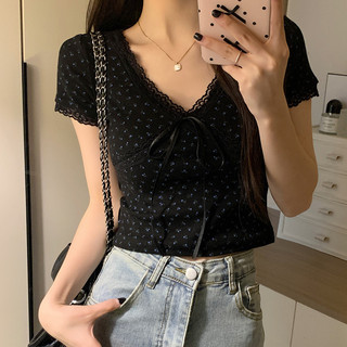Áo thun ngắn tay cổ chữ V họa tiết cổ điển SUXI Áo Crop Top nữ 240708