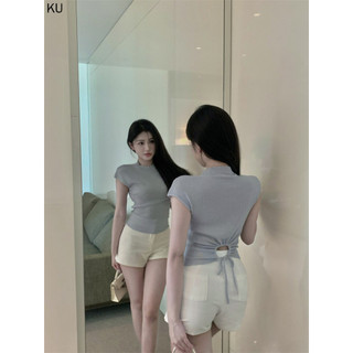 Mùa hè mỏng tay ngắn bó sát nữ tính khí hàng đầu có dây buộc thiết kế rỗng Niche Kn