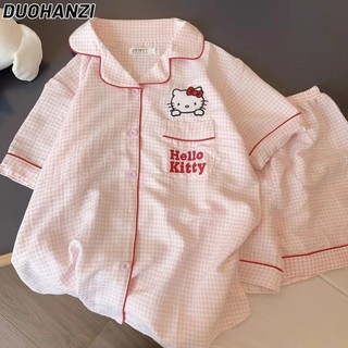 Duohanzi Bộ đồ ngủ nữ kẻ sọc Nhật Bản KT đồ ngủ mèo quần short ngắn tay ngọt ngào quần áo nhà phù hợp với ins