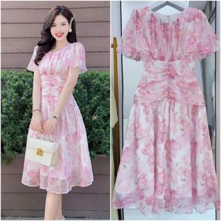 Đầm váy hoa vintage xếp ly eo nút bọc màu hồng phấn ngọt ngào nàng thơ (có mút) - NHƯ Ý