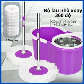 Thùng lau nhà thông minh 360 độ kèm 2 cây chổi và 8 bông lau - Bộ lau nhà cao cấp cây inox kèm bông cotton