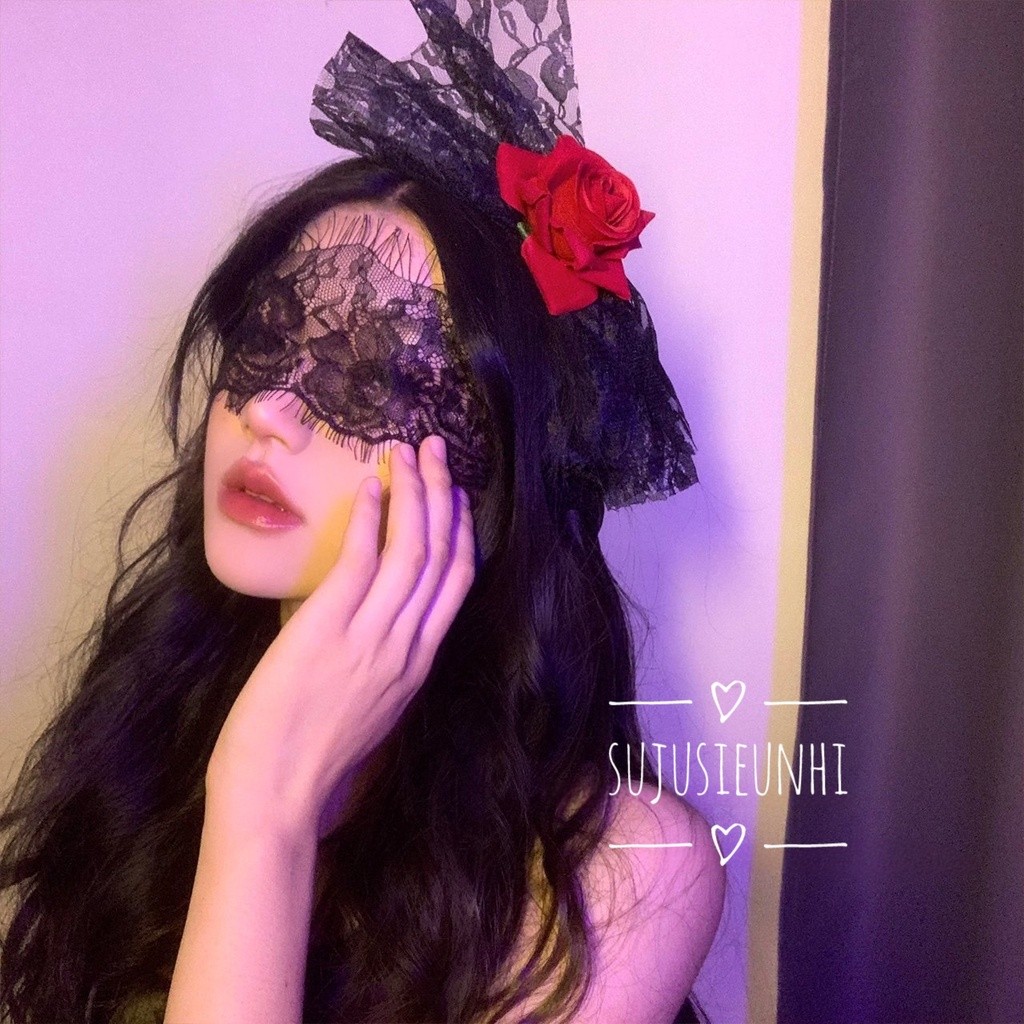 bờm tóc nơ ren đen đính hoa hồng, phụ kiện băng đô hóa trang halloween