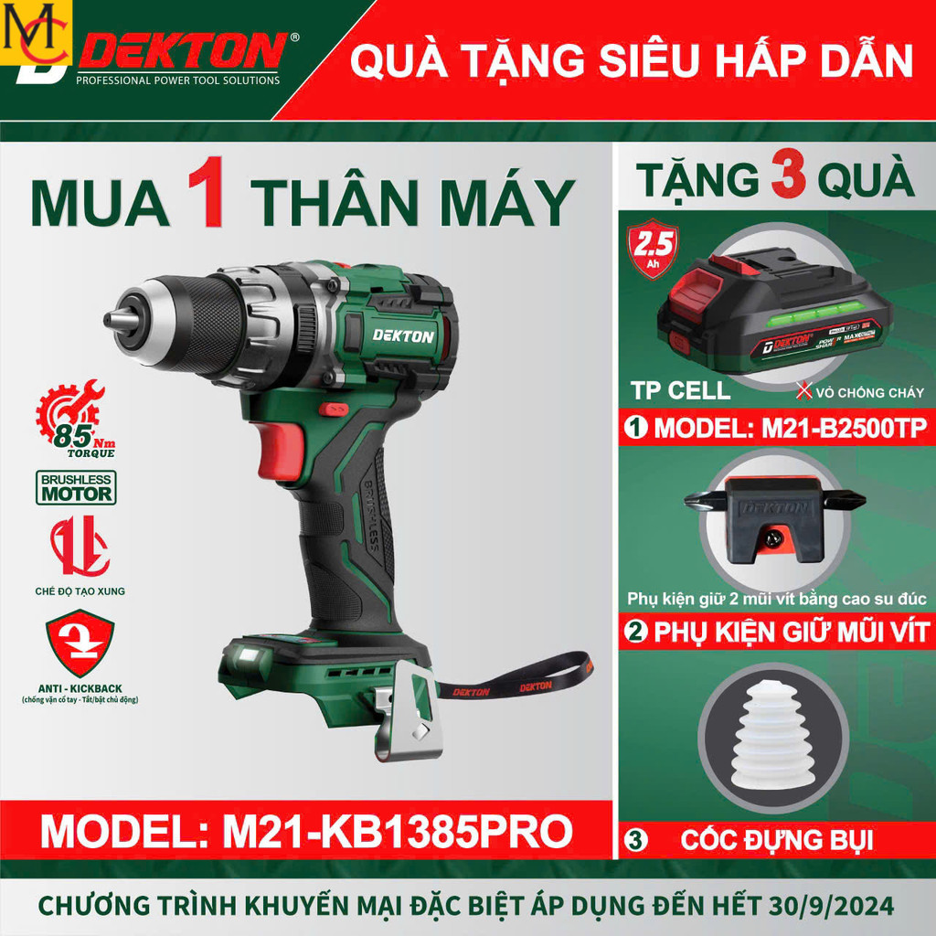 Máy Khoan 3 Chức Năng 85Nm Dekton  M21-KB1385PRO /Trang Bị Anti KickBack - mua 1 tặng 1 MC máy xây d