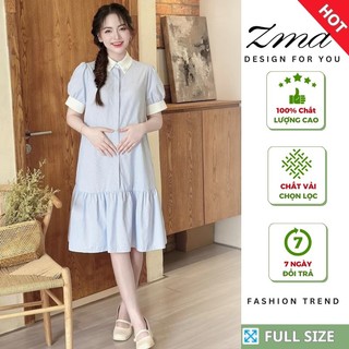 Đầm Bầu, Váy Bầu Công Sở Thiết Kế Cổ Sơ Mi Kẻ Sọc Xanh Cao Cấp Dài Qua Gối Chất Vải Mát Cho Mùa Hè
