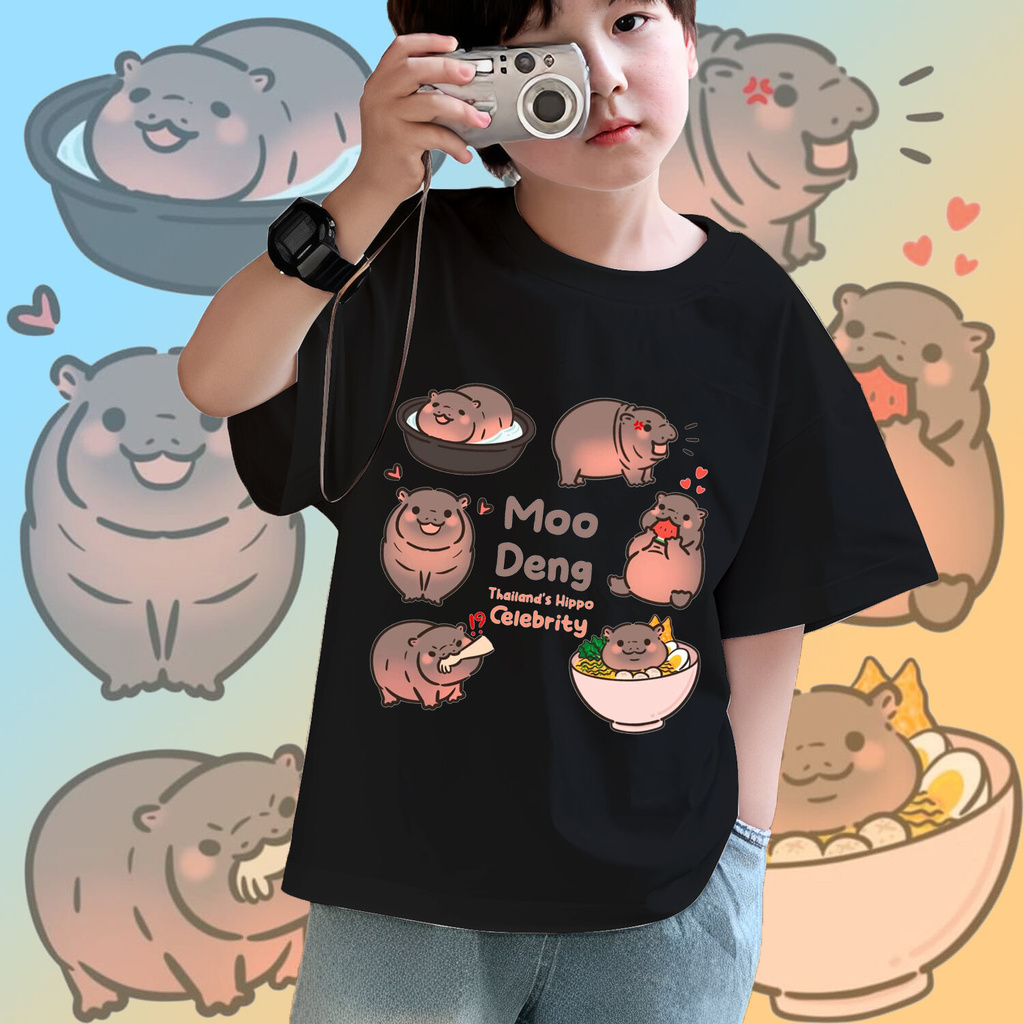 Moodeng Hippo Áo thun trẻ em dễ thương Phim hoạt hình vui nhộn Hippo Graphic Áo ngắn tay thường ngày
