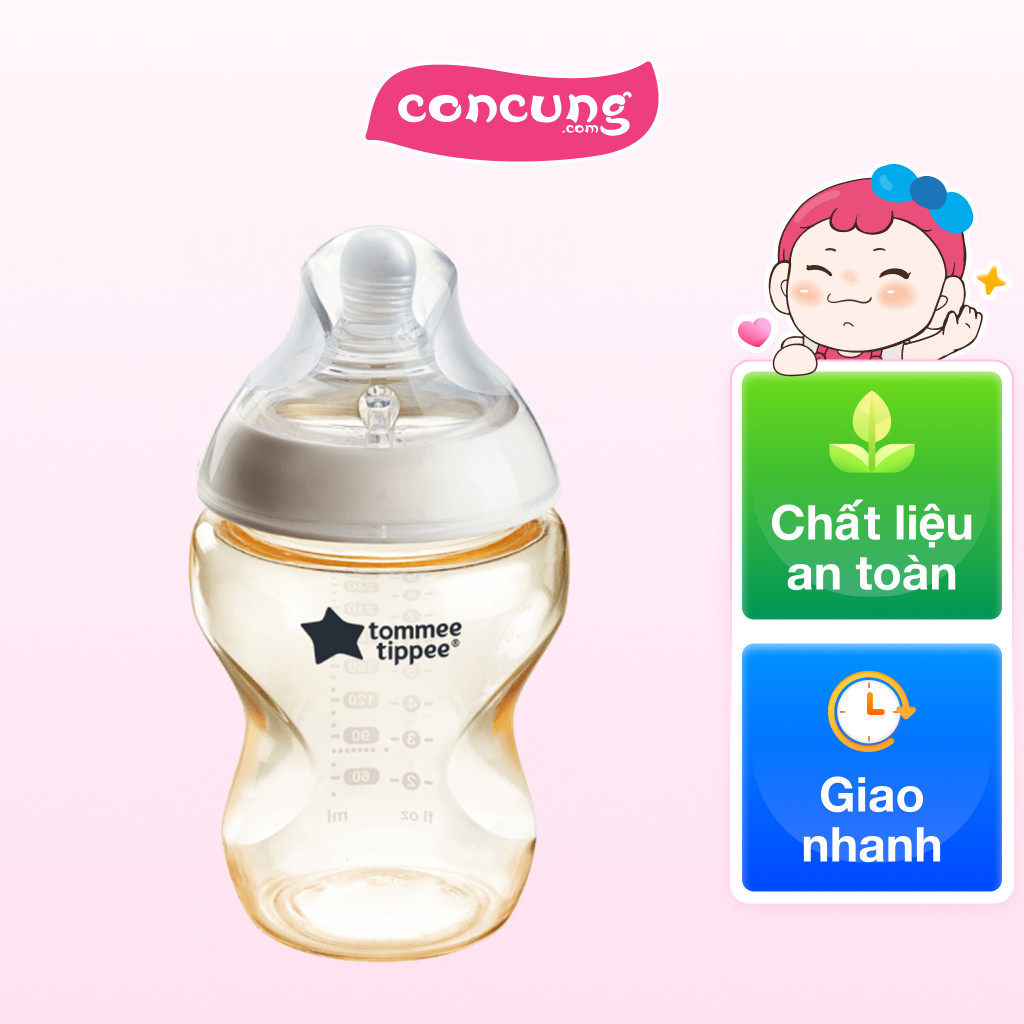 Bình Sữa PPSU Ty Siêu Mềm Tự Nhiên Tommee Tippee Natural Start 260ml, Núm Ty Đi Kèm 3-6 Tháng