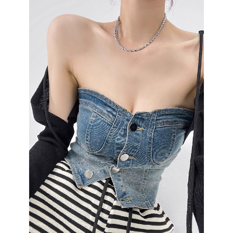 Retro Gradient Denim Tube Top Hot Girl Style Phổ biến Slim-fit Slimmer Look-Only Left XL Size