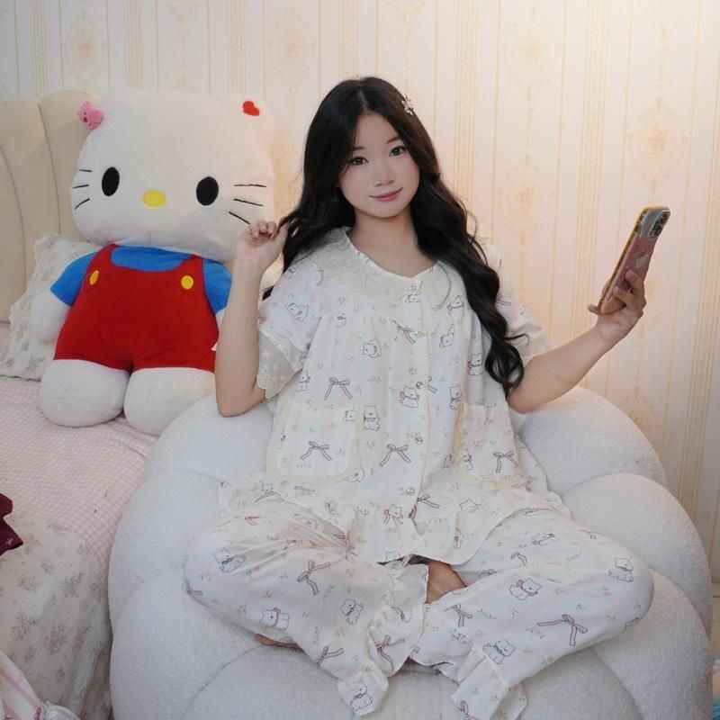 bộ ngủ nữ tiểu thư cổ sen cộc dài vải đũi bông mây mùa hè mặc đi ngủ mát mẻ thoải mái Women Quần Ngủ Áo Ngủ Cotton | BigBuy360 - bigbuy360.vn