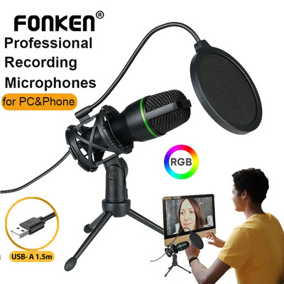 Fonken ME4 RGB Micro Condenser USB Có Dây Máy Tính Để Bàn Chân Máy MIC Để Ghi Trực Tiếp Chơi Game Video Giảm Tiếng Ồn Hội Nghị Micro